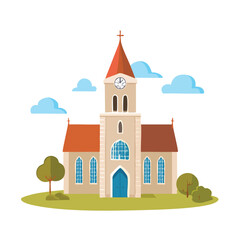 Naklejka premium Cartoon church illustration with red roof and blue sky elements