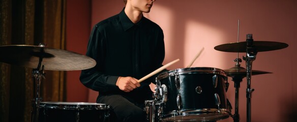 Fototapeta premium The drummer is sculpting rhythms on a sleek black drum kit like a sound magician.