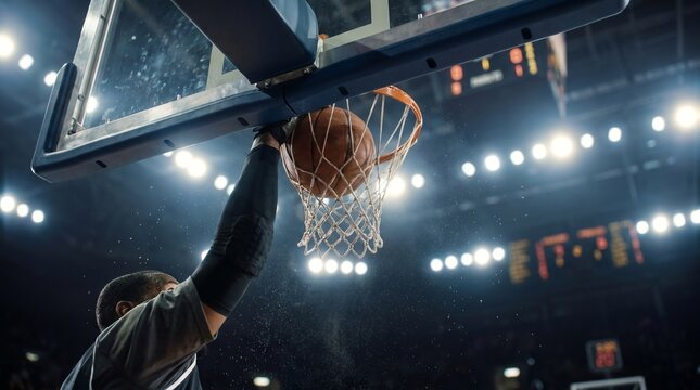 Basketball player dunking in indoor arena with bright lighting