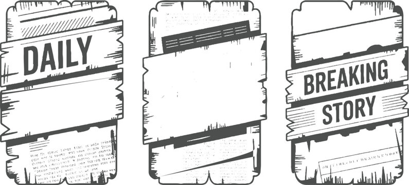 Three distressed wooden signs with newspaper text daily and breaking story