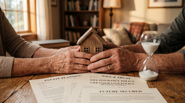 Elderly couple planning estate and future with house model and documents