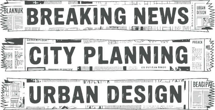 Three horizontal newspaper style banners with bold text b r e a k i n g n e w s c i t y p l a n i n g u r b a n d e s i g n in dark grey on white