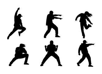 Fototapeta premium Dynamic Hip Hop Dancer Silhouettes, Urban Street Dance Poses, Energetic Breakdance Figures, Modern Choreography Vector Set