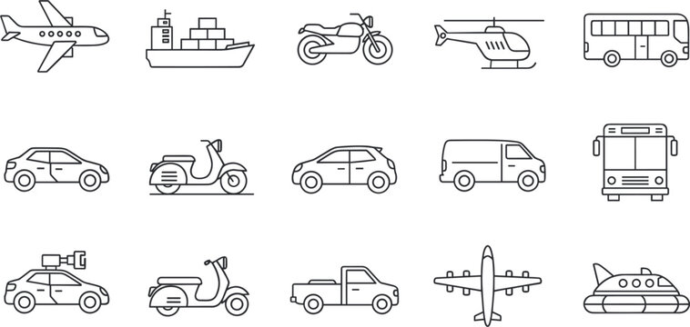 Transportation Line Icon Set Featuring Airplane Ship Motorcycle Helicopter Bus Car Scooter Van Truck and Travel Vehicle Symbols