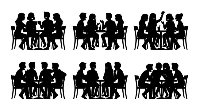 Social Gathering Silhouettes, Diverse Groups Dining and Conversing, Vector Icons Set for Lifestyle and Events