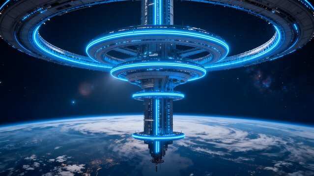 Futuristic space station orbiting Earth