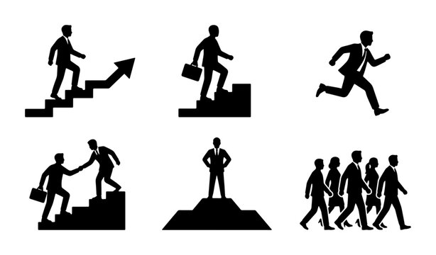 Business Success Icons: Career Growth, Teamwork, Leadership, Achievement, Corporate Journey, Professional Development, 6 Vector Graphics