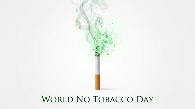 Minimal World No Tobacco Day concept with cigarette smoke turning into green botanical elements on white background.