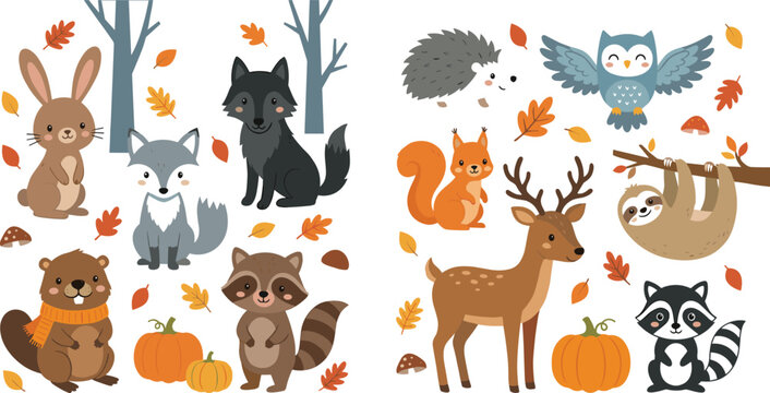 Autumn woodland animal vector set featuring cute forest wildlife like deer fox owl raccoon squirrel and beaver with pumpkins and fall leaves for seasonal nursery and holiday design.