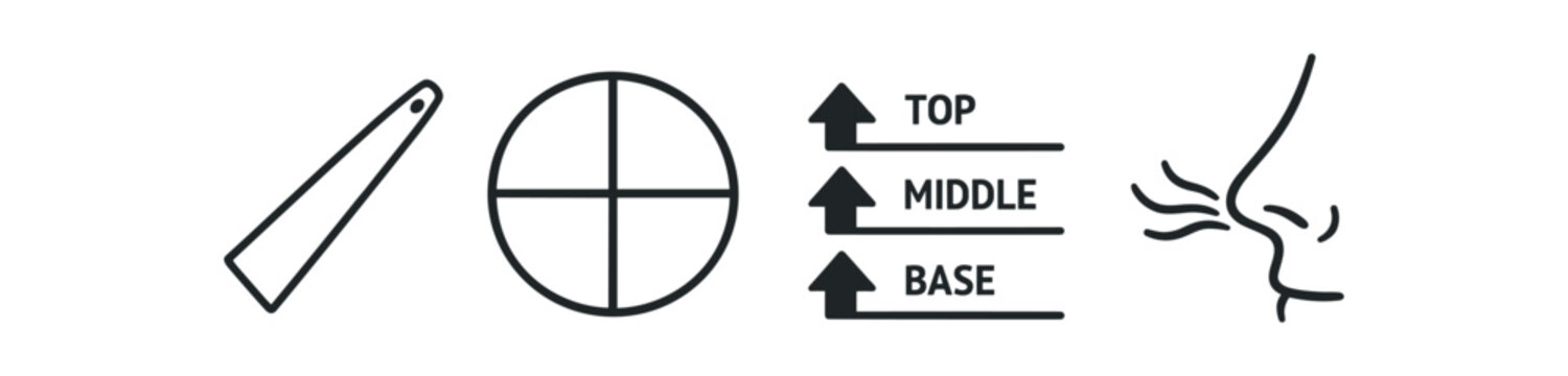 Perfume evaluation and scent structure icon set. fragrance test strip, fragrance wheel, top-middle-base notes arrows, sniffing nose, olfactory concept. line vector icon set.