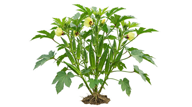 Fresh okra plant with green pods and yellow flowers, organic ladyfinger vegetable bush in soil, healthy garden okra plant for agriculture and farming isolated PNG with Transparent Background