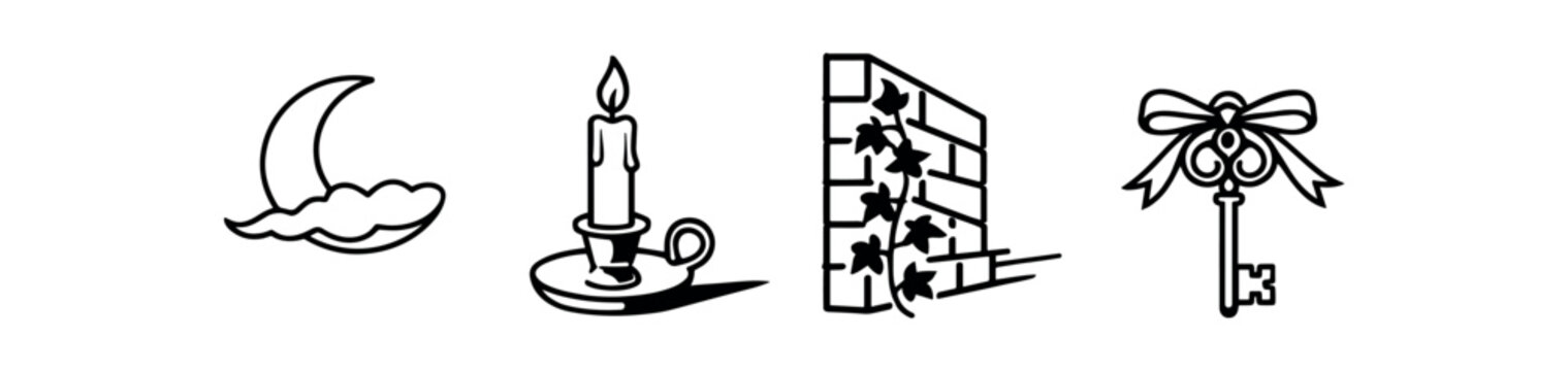 Night and home ritual icon set. crescent moon with cloud, candle on holder, ivy-covered brick wall, ornate ribbon key. line and flat vector icon set.