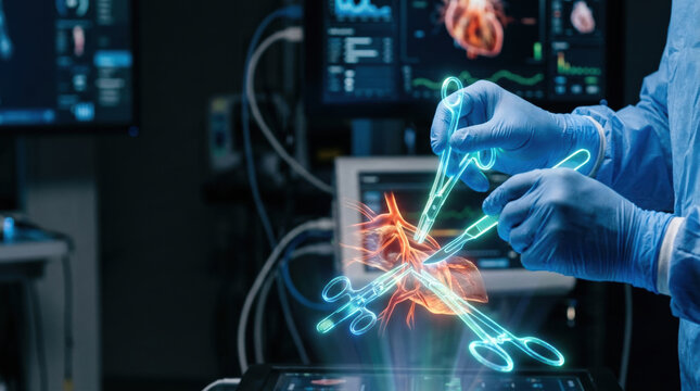 Medical technology surgeon wearing gloves uses holographic surgical tools to plan heart