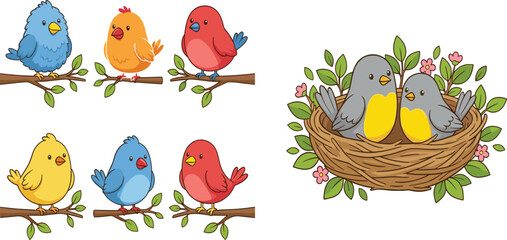 Obraz premium Cute bird character vector set with colorful songbirds on tree branches and a pair of birds in a nest with spring flowers for nature and family concepts.