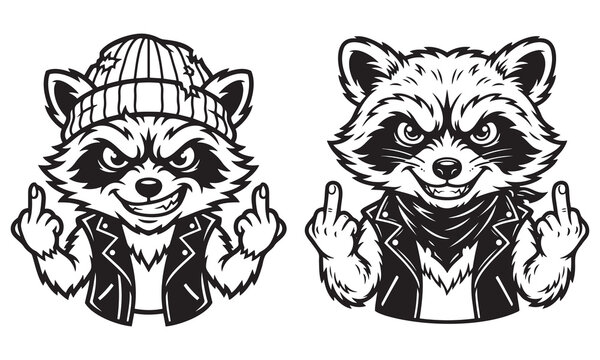 Raccoon, cartoon raccoons, raccoon gestures, black and white vector, racoon illustration