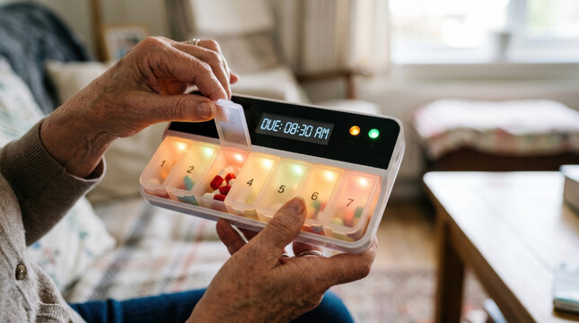 Smart pill organizer medical technology reminding doses with illuminated compartments and alarm