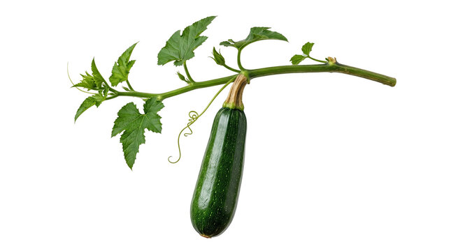 Fresh green zucchini growing on vine with leaves, organic marrow squash on plant stem, raw summer squash vegetable for healthy cooking isolated PNG with Transparent Background