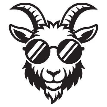Goat head, sunglasses, vector illustration, animal icon, black and white
