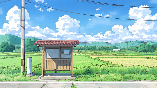 Exploring a Serene Bus Station in a Tranquil Rural Landscape Surrounded by Lush Green Fields and Majestic Clouds Under a Bright Blue Sky