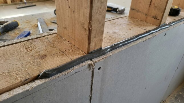 Construction worker applying sealant to drywall seam near wooden beam