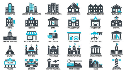 Naklejka premium Collection of various city building and infrastructure icons set.