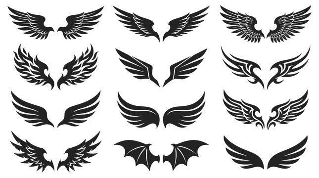 Collection of various black wings vector icons and design elements.