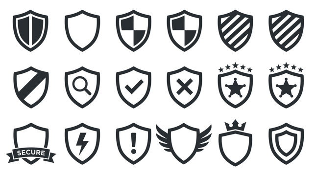 Collection of various black shield icons for security and protection design.