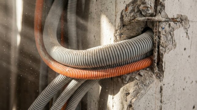 Electrical conduit pipes emerging from concrete wall opening