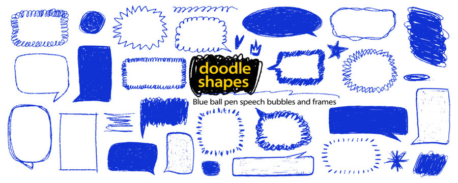 Messy pen speech bubbles and frames set. Hand drawn with blue ball pen scribble shapes. Ballpoint irregular doodle funky borders. Expressive elements for scrapbook. Freehand rough scrawls vector