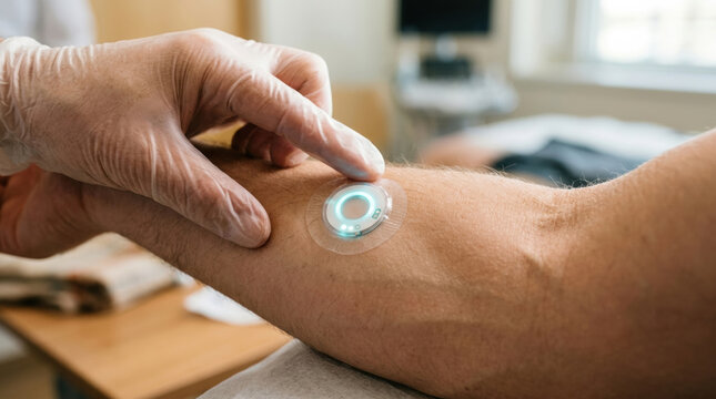 Medical technology wearable sensor on forearm monitors health with gentle touch and soft lighting