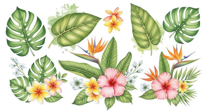 Watercolor tropical floral set with hibiscus, bird of paradise, plumeria flowers, and monstera leaves on a black background