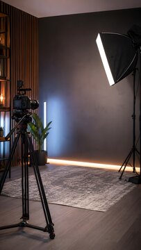 Professional video production studio with camera tripod softbox lights and modern empty backdrop