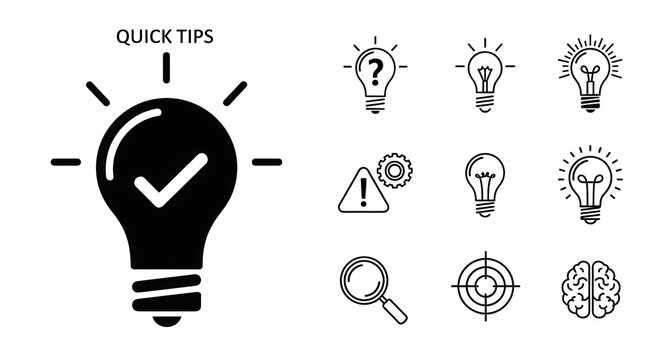 White line of light bulbs, a checkmark, magnifying glass, target, and brain on a black background, representing quick tips and ideas