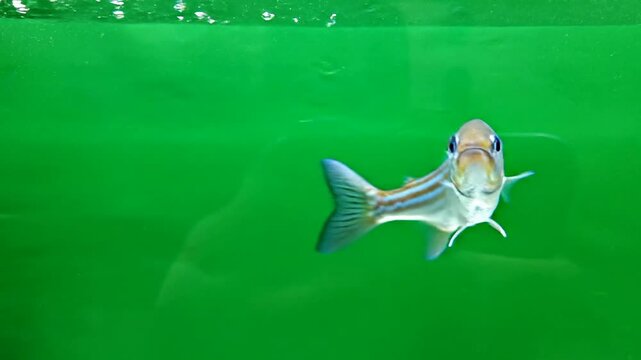 Vibrant Blue And Silver Fish Swimming Gracefully In Clear Water Against A Lush Green Aquatic Background, Showcasing Iridescent Patterns and Agile Motion