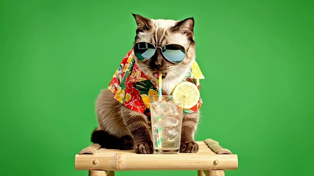 Stylish Cat in Sunglasses and Hawaiian Shirt Sipping Drink against Green Screen Background for Fun Summer Vibes