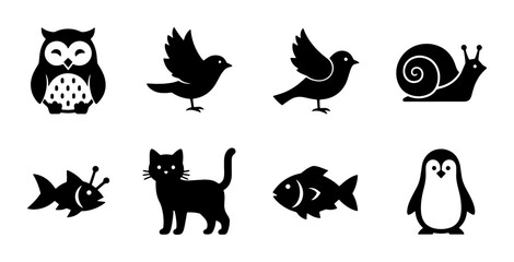 Charming Silhouette Animal Icons Set: Owl, Birds, Snail, Cat, Fish, Penguin Vector Graphics for Wildlife and Nature Projects © Afrina