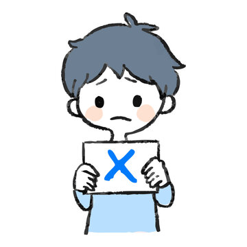 バツの書かれたボードをもって困り顔の男性