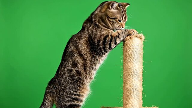 Playful Cat Stretching and Clawing at Scratching Post on Vibrant Green Screen Background Ideal for Pet-Themed Marketing