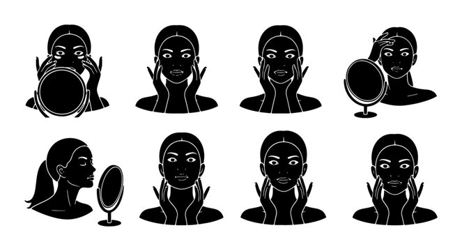 Skincare Routine Icons Set, Woman Applying Face Cream and Checking Reflection, Beauty Treatment Vector Graphics