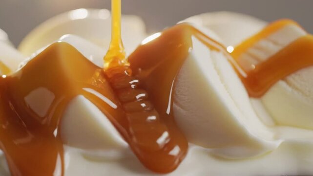 Delicious caramel sauce drizzling over smooth white cream, creating a delightful dessert with sweet flavors.