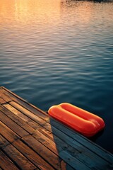 Fototapeta premium Orange inflatable air mattress floating on calm lake water next to wooden pier at sunset. Peaceful summer scenery at docks. Concept of leisure, relaxation, vacation, and travel.