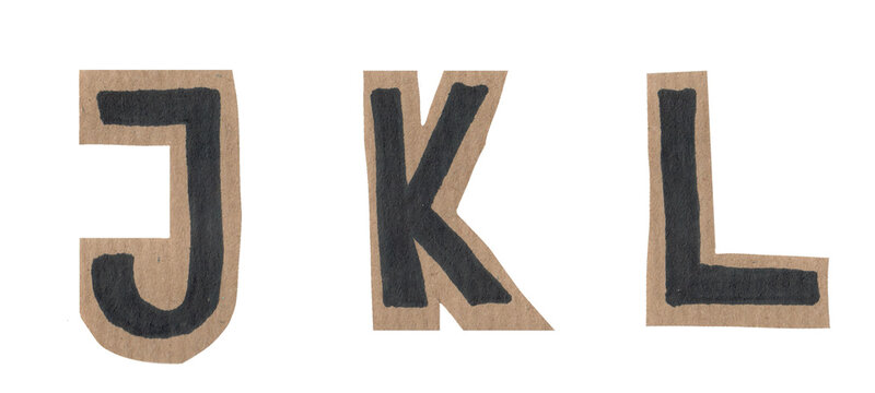 Set collection of  alphabet letter J, K, L,  with crayon scribbles, paper cut out handdrawn torn scrapbook font text. scrapbooking alphabet stickers. Black letters craft paper, isolated background png