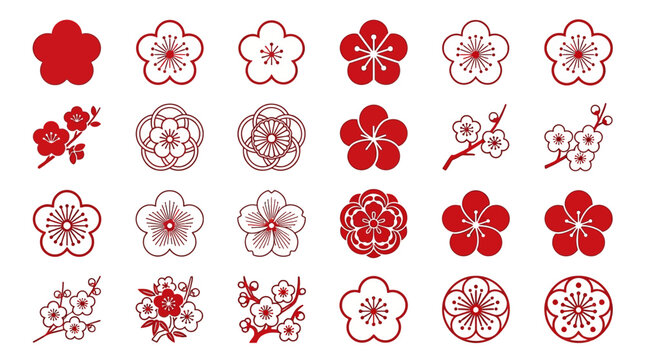 Set of Various Traditional Japanese Plum Blossom Flower Icons.