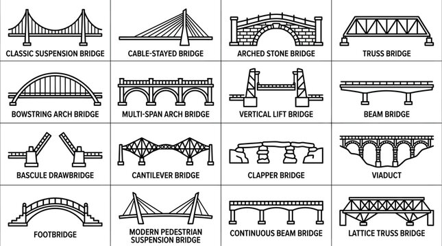 Set of Various Types of Bridge Engineering Design Icons.