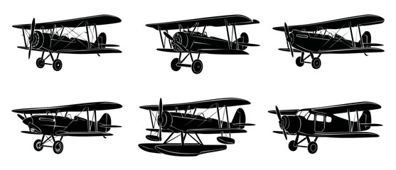 Biplane Silhouette Set Vintage Aircraft Collection Isolated Icons for Aviation Design Projects. Classic propeller plane outlines in various angles and models, perfect for historical flight graphics. © Dinali