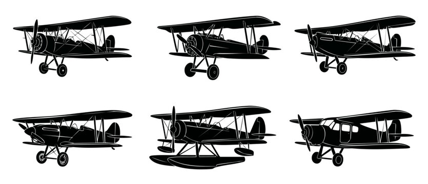 Biplane Silhouette Set Vintage Aircraft Collection Isolated Icons for Aviation Design Projects. Classic propeller plane outlines in various angles and models, perfect for historical flight graphics.