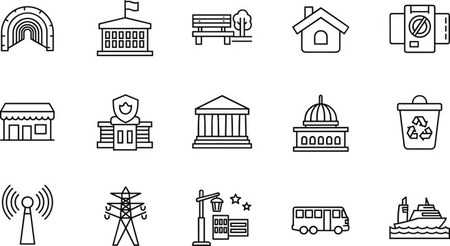 Public Services and Infrastructure Line Icon Set Featuring Government Buildings Utilities Communication Transport and Civic Elements