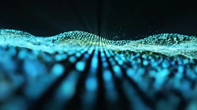 Abstract particle landscape with glowing mountain peaks and waves of data visualization with light and movement