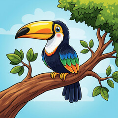 Obraz premium Cute Colorful Toucan Bird Cartoon Sitting on Tree Branch Vector Illustration
