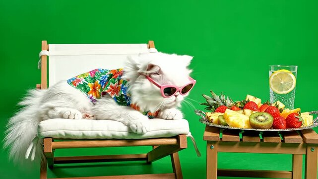 Cute White Persian Cat Wearing Sunglasses Relaxing On Deck Chair With Tropical Fruits And Refreshing Drink Against Bright Green Background